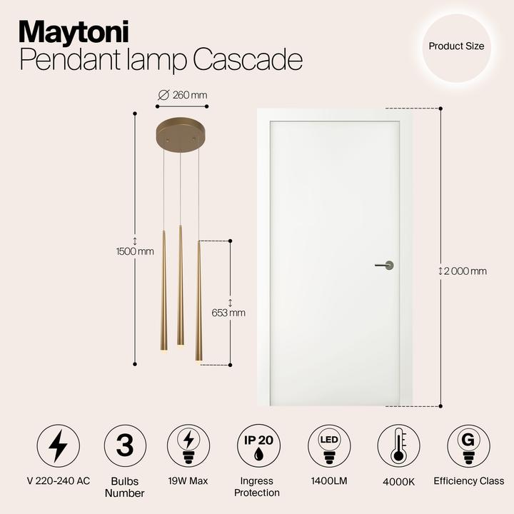 Immagine prodotto Maytoni Luce a sospensione Cascade LED, pendente 3x 19W Ottone Bianco Neutro (1600 lm)