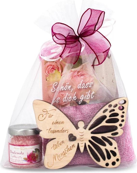 Produktbild ZNatur Geschenkset Zirben Holz Schmetterling mit Gravur Lieber Mensch Badesalz & Tuch No.39 (Körperpflegeset)