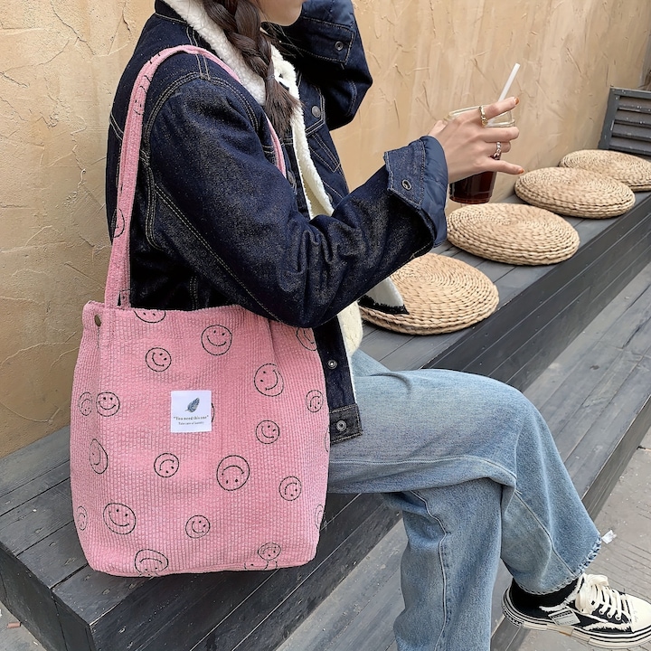 Only-Bags.Store Retro Corduroy Tote Bag, Lächelndes Gesicht Druck Umhängetasche, einfache Handtasche für Schule