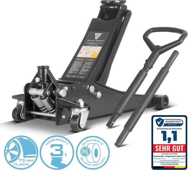 Produktbild Stahlwerk Wagenheber WHB-73 ST mit 3 t Tragkraft Gummirollen 73-500mm Hubbereich