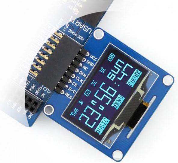 Produktbild WaveShare 1.3 128x64 OLED Display Modul, einfarbig (blau), SPI/I2C Interface, horizontale Stiftleiste