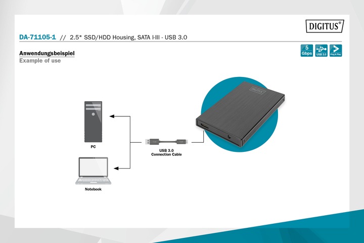 Actual product image Digitus 2.5" SSD/HDD housing, SATA I-III - USB 3.0 (2.5")
