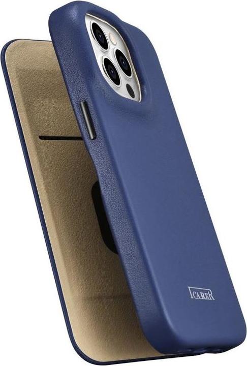 Actual product image iCarer CE Premium Leather Folio Case iPhone 14 Pro Magnetic Flip Leather Folio Case MagSafe Blue (WM (Apple iPhone 14 Pro)
