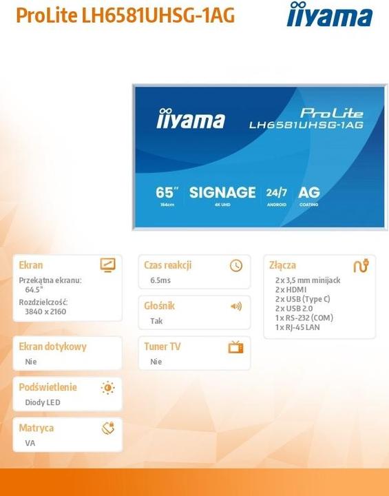 Image du produit iiyama LFD ProLite LH6581UHSG-1AG (3840 x 2160 pixels, 64.50")