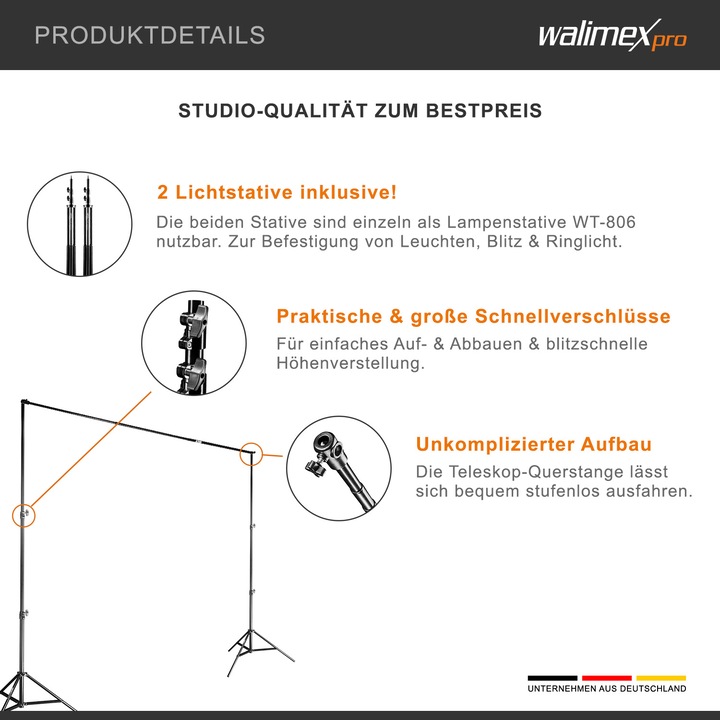 Produktbild Walimex Teleskop XXL Hintergrundsystem, 1.9-4.65m (465 cm, 400 cm)
