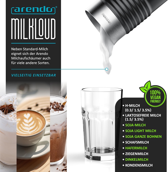 Image du produit Arendo Mousseur à lait 435 W, Automatique, Électrique, Anti-adhésif, Mousse chaude et froide (20 cl)
