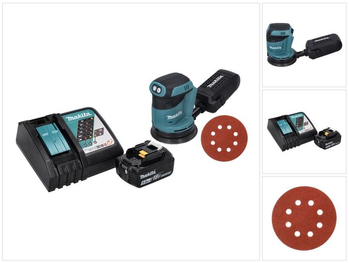 1x Makita DBO 180 Akku Exzenterschleifer, 1x Schleifpapier, 1x Staubsammelaufsatz, 1x Makita BL 1850 B 18 V 5,0 Ah Akku, 1x Makita DC 18 RC Ladegerät, 50x Makita Schleifpapier Klett 125 mm K320