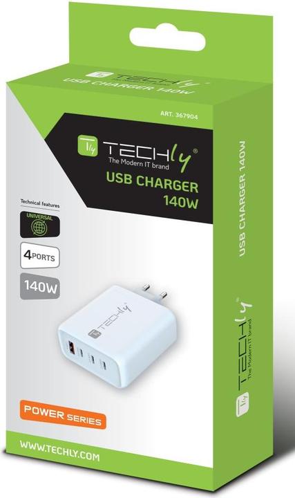 Produktbild Techly Ladegerät USB-C 1-2-3/USB-A 140W (140 W, 4 Ports)