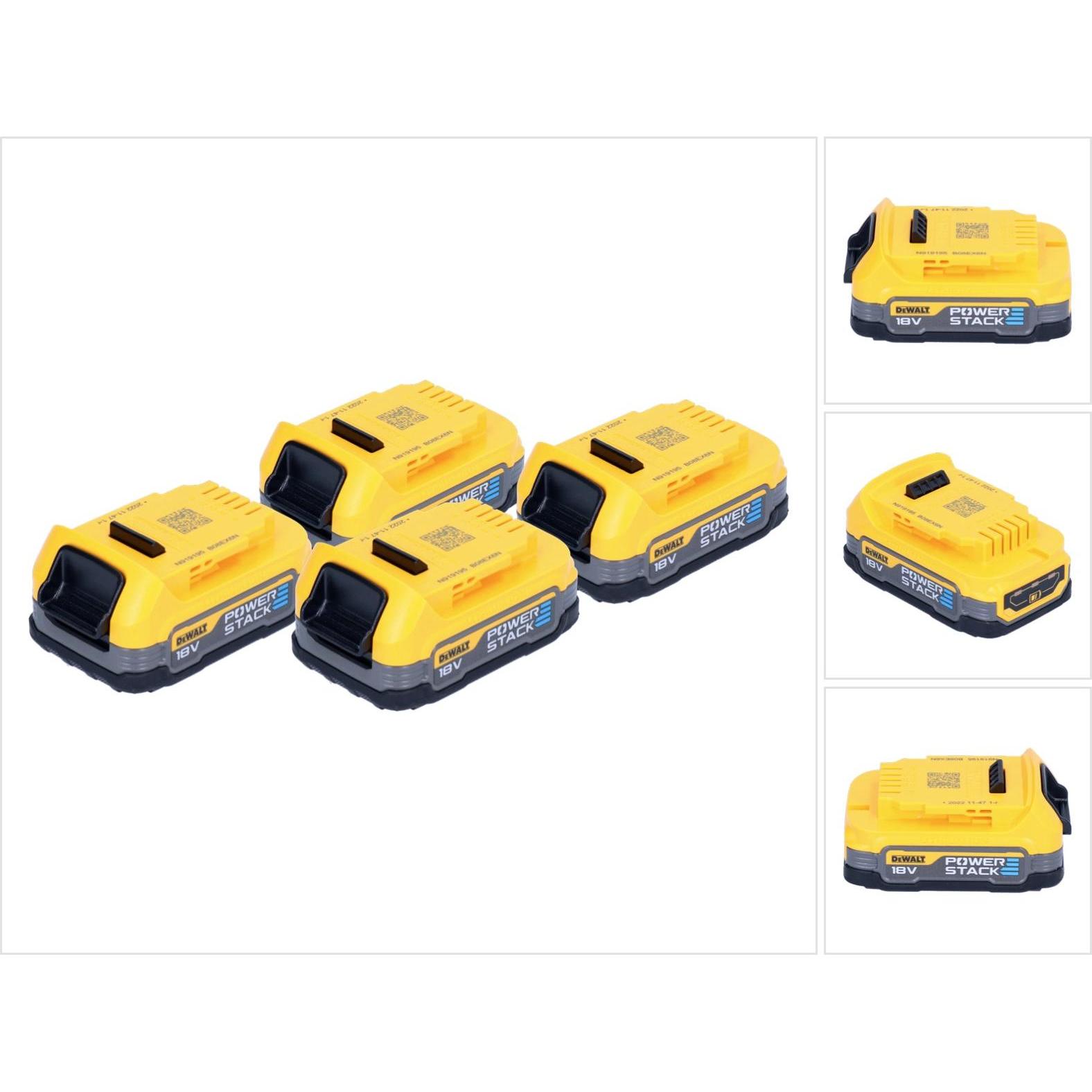 DeWalt, Werkzeugakku + Ladegerät, Akku Set DCBP 034 E4 4x Powerstack Akku 18 V 1,7 Ah / 1700 mAh XR Li-Ion - mit Ladesta...