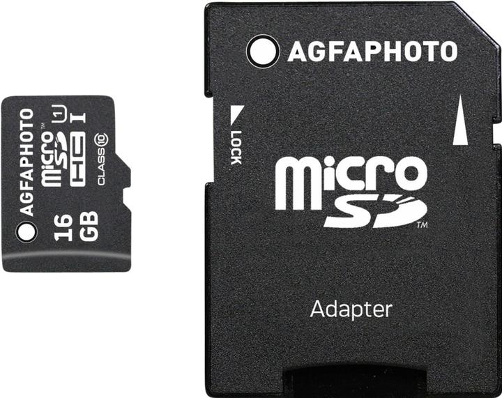 Immagine prodotto AGFAPHOTO MicroSDHC UHS-I 16GB ad alta velocità classe 10 U1 + adattatore (16 GB, microSDHC, U1, UHS-I)