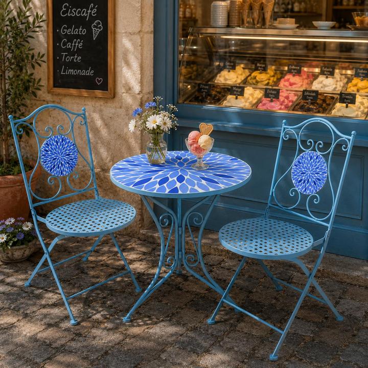 Produktbild HTI-Living Gartenstuhl 2er-Set Metall Blau mit Blütenmotiv