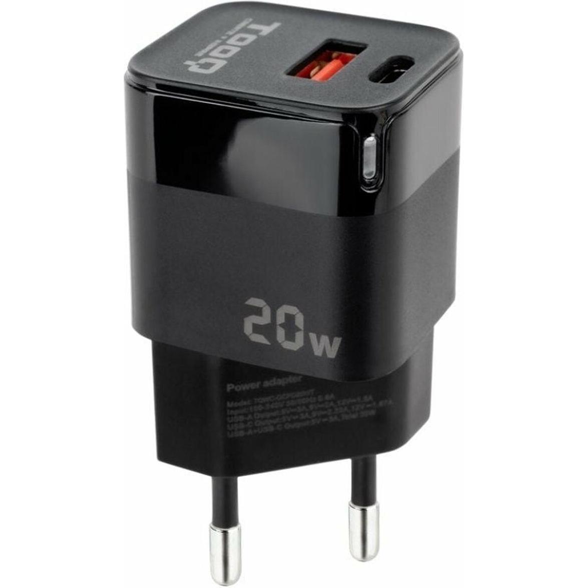 Tooq Technology CARGADOR PARED USB-C/PD USB-A/QC 20W NEGRO (20 W), Caricatore USB, Nero