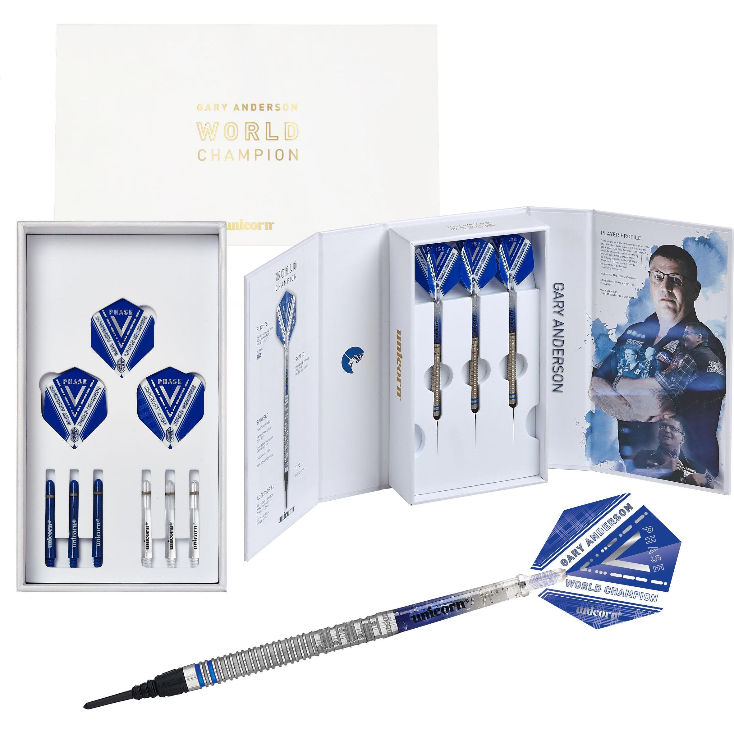 Unicorn Scatola di presentazione delle freccette morbide del campione mondiale Phase 5 Gary Anderson (18 g)
