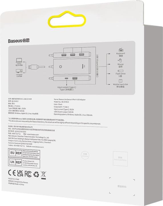 Actual product image Baseus Lite Series 4-Port USB-A HUB Adapter (USB-A to USB 3.0*4 ) 1m Black (USB-C, 4 Ports)