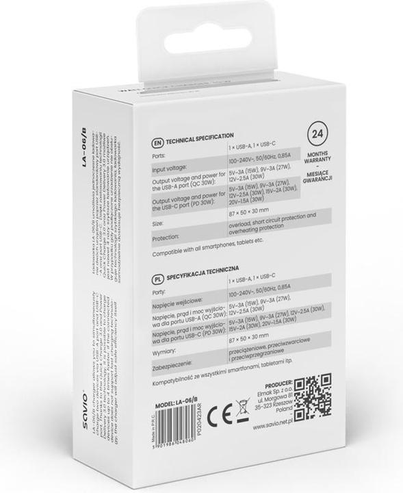 Actual product image Savio Wall charger 30 W Quick Charge, Power Delivery 3.0, LA-06 (30 W, 2 ports)