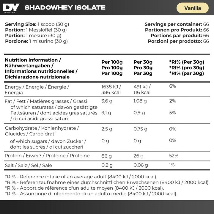 Nährwerte und Zutaten DY Nutrition Shadowhey Isolate (2400 g, 1x)