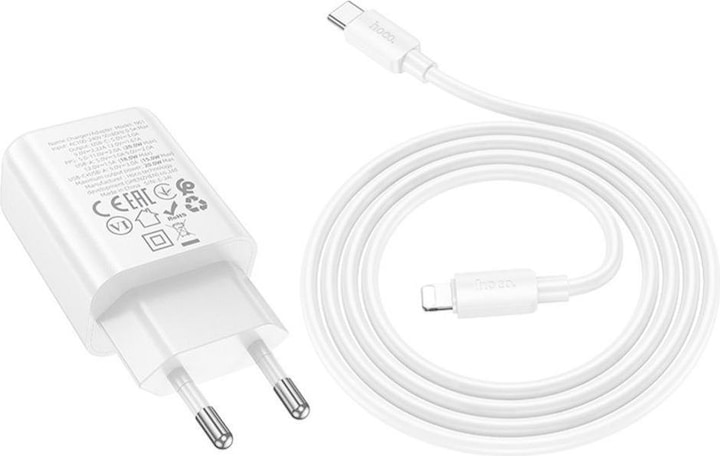 Actual product image Hoco Adapter wall charger USB A + Type C + cable Type C to Lightning PD QC3.0 3A 20W N61 white (5 W)