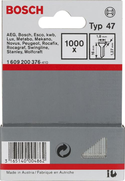 Actual product image Bosch Professional Zubehör Tacker nail type 47, 1.8 x 1.27 x 16 mm, 1000-pack