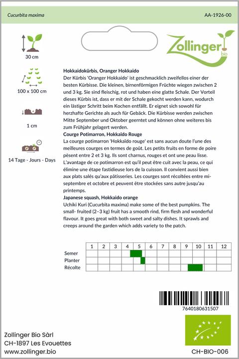 Image du produit Zollinger Bio Courge, Hokkaido orange (Uchiki Kuri) (Germes)