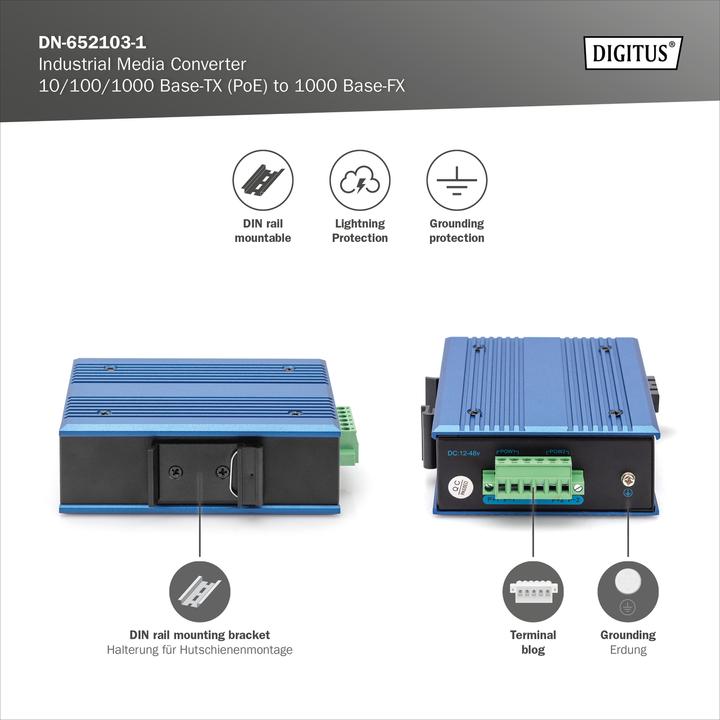 Actual product image Digitus 10/100/1000 Base-TX to 1000 Base-FX Industrial Media Converter (2 ports)