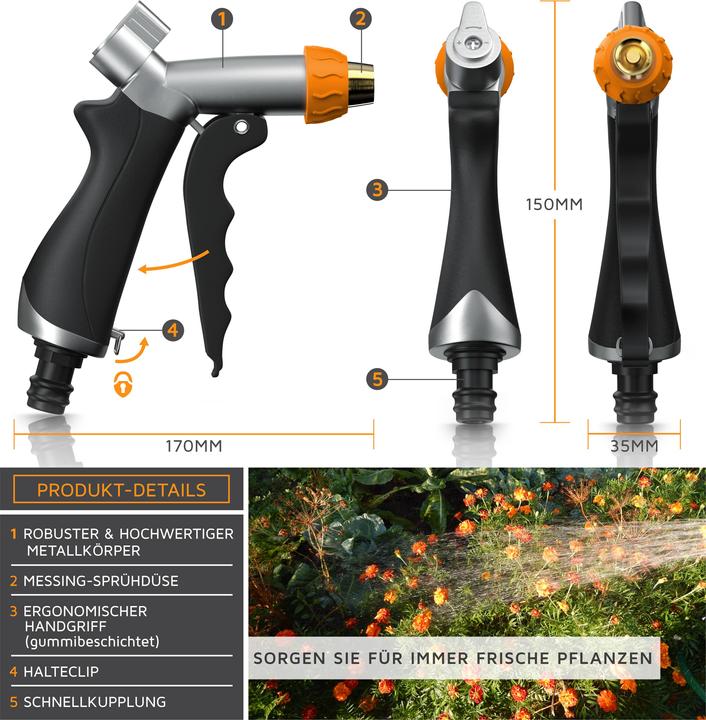 Produktbild Brandson Multifunktionsbrause, Metall Garten Handbrause, Gartenbrause 1/2 Zoll, Pistolengriff, Messing