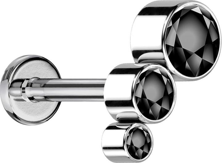Actual product image Star Piercing Micro Labret internal thread silver descending three crystals black (without brass, Titanium G23)