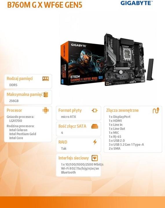 Produktbild Gigabyte B760M Gaming X WiFi6E Gen5 (B760,S1700,mATX,DDR5 (LGA 1700, Intel B760, mATX)