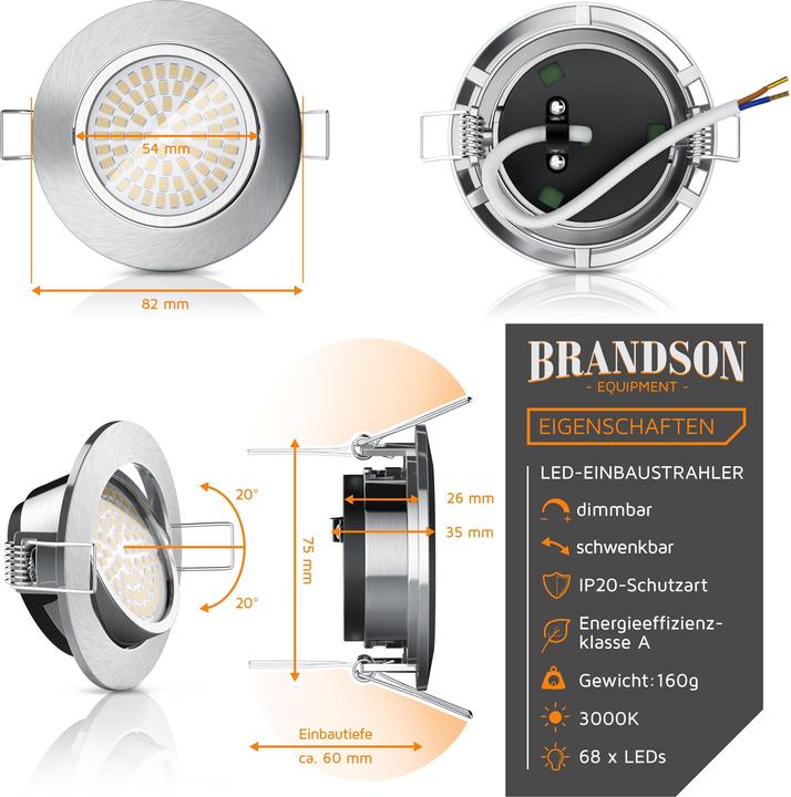 Image du produit Brandson Spot de plafond à LED, spot encastrable orientable et à intensité variable, spot encastrable, blanc (320 lm)