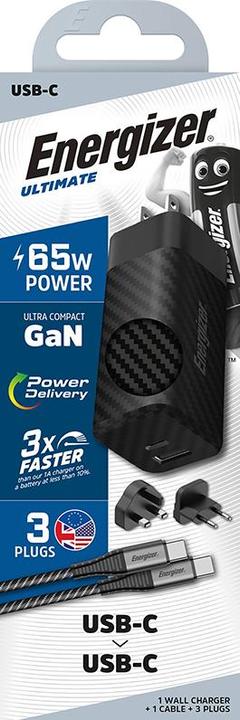 Produktbild Energizer Power-Delivery Ladegerät – 65 W – EU/UK/US inkl. USB-C zu USB-C Kabel (65 W)