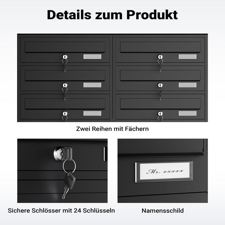 Produktbild Wiltec 12er Briefkastenanlage schwarz 2x6 Fächer Standbriefkasten Briefkasten