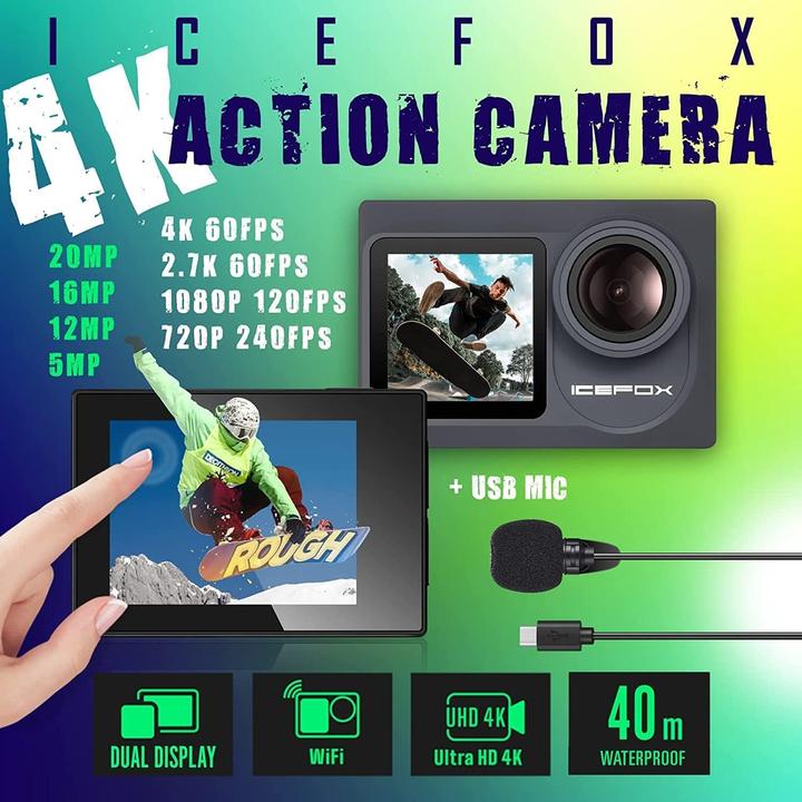 Actual product image Icefox Action Cam 4K Ultra HD Camera (30p, Wi-Fi)