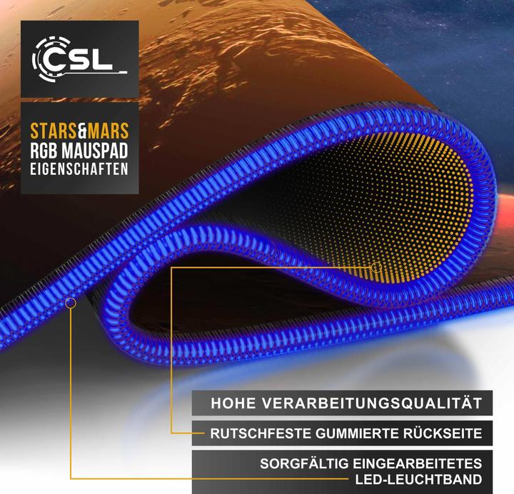 Produktbild CSL RGB Gaming Mauspad, Schreibtischunterlage 800 x 300 mm XL Mausmatte - LED Multi Color, Stars & Mars (XL)