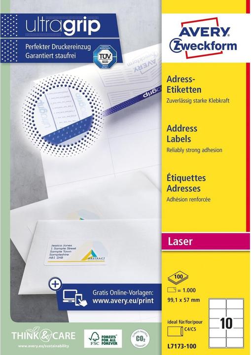 Produktbild Avery Adressetiketten 99,1x57mm L7173-100 weiss 1000 Stk./100 Blatt
