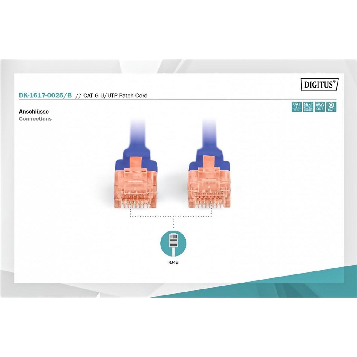 Thumbnail - Digitus CAT 6 U-UTP Patchkabel Cu LSZH AWG 26/7 Länge 0,25 m Farbe Blau (U/UTP, CAT6, 0.25 m), Netzwerkkabel