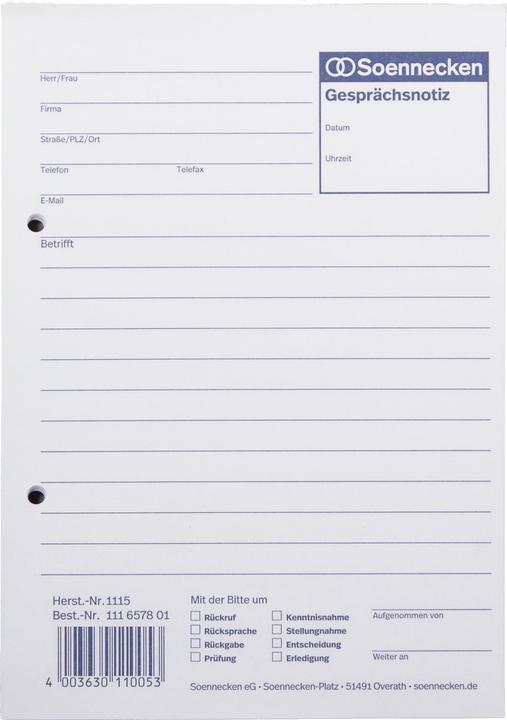 Actual product image Soennecken Conversation Note Form Paper size: DIN A5 Number of sheets: 50 sheets. (50 x)