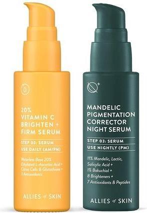 Actual product image Allies Of Skin Brightening Serum Bundle Mandelic Pigmentation Corrector Night Serum 1 Oz 20% Vitamin C Brighten Fir (30 ml)