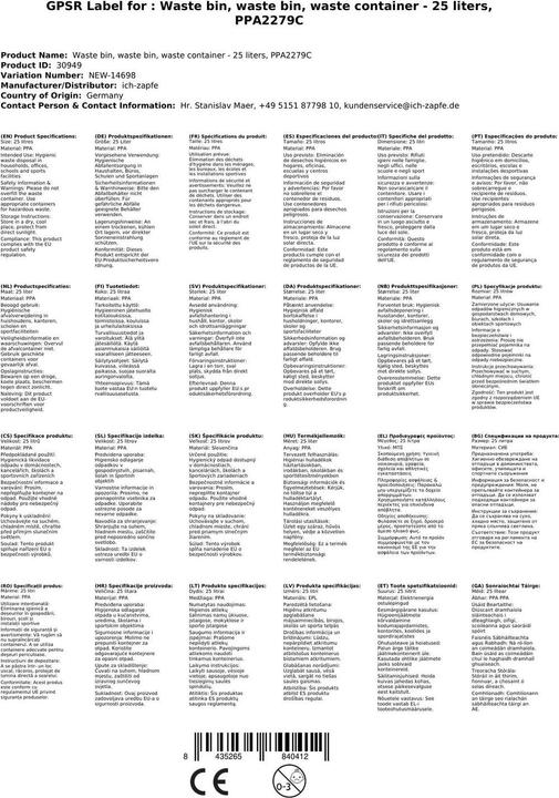 Image du produit Valera Mediclinics Poubelle en inox brillant 25 L ouverte avec anneau intérieur et 4 pieds en plastique (25 l)