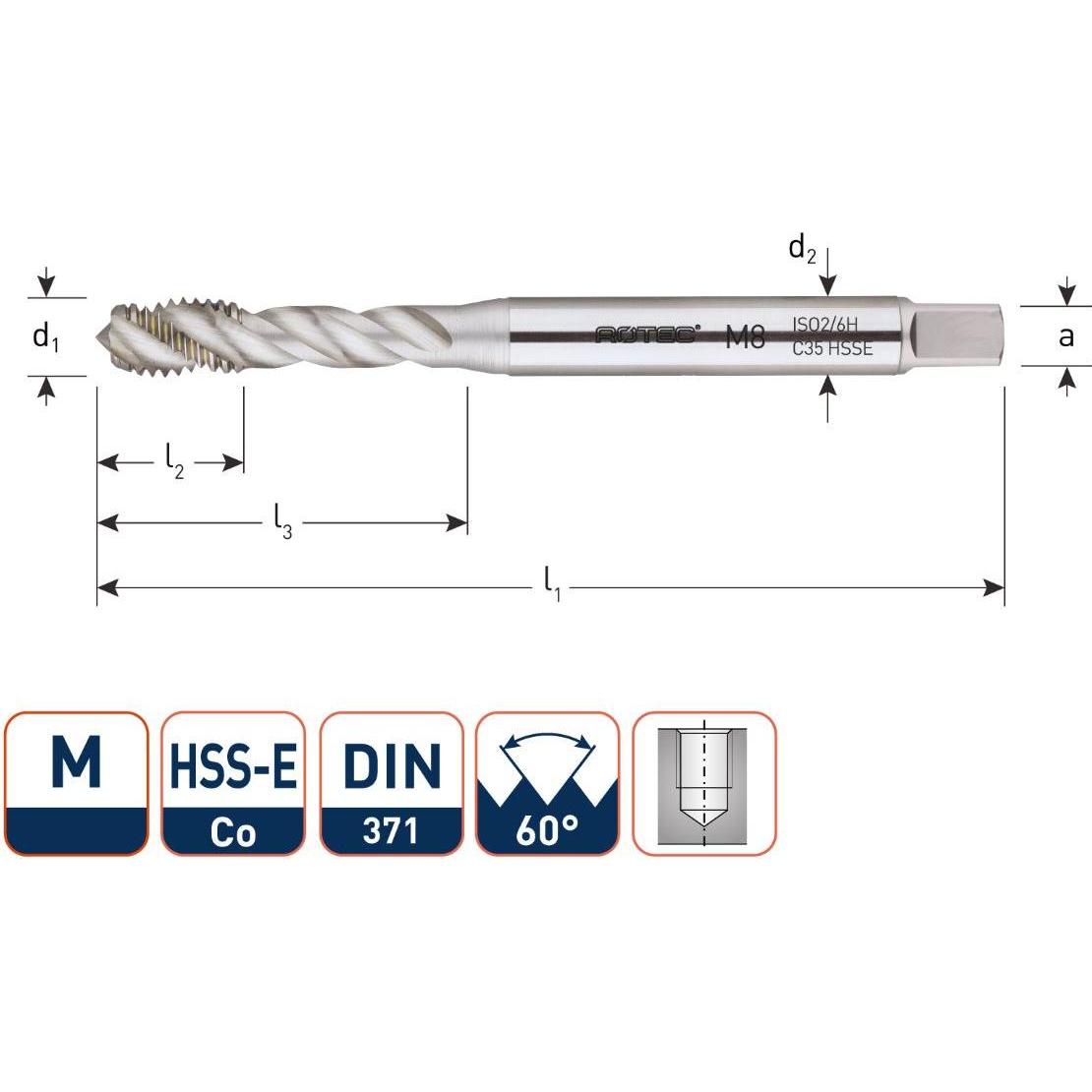 Rotec, Maschi + Giramaschi, 320.0500C HSS-E OPTI-LINE Maschinengewindebohrer BL DIN 371C/35° M 5x0,8