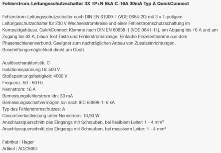 Nährwerte und Zutaten Hager FI/LS-Schalter