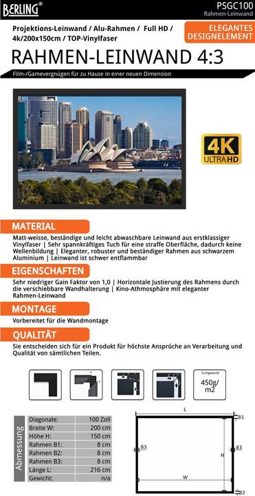 Produktbild Berling Rahmen-Leinwand, 4:3, 100" (200x150cm), Premium-Linie, (100", 4:3)
