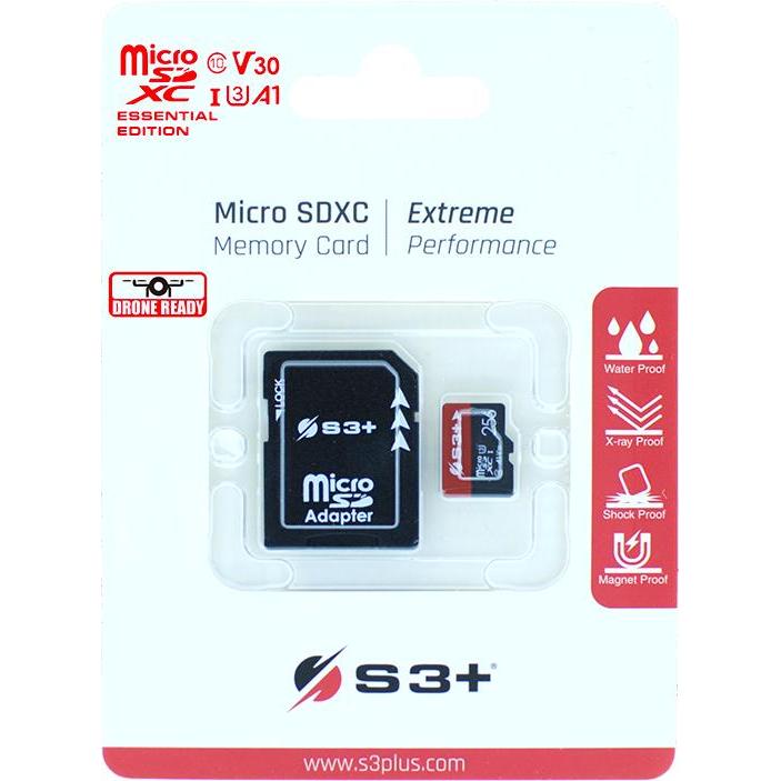 S3Plus S3+ S3SDC10V30E 256 GB MicroSDXC UHS-I Klasse 10 (256 GB, microSDXC, U1, UHS-I), Speicherkarte, Schwarz