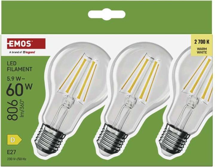 Actual product image Emos LED FLM A60 5,9W(60W) 806lm E27 WW 3PC (E27, 806 lm, 3x)