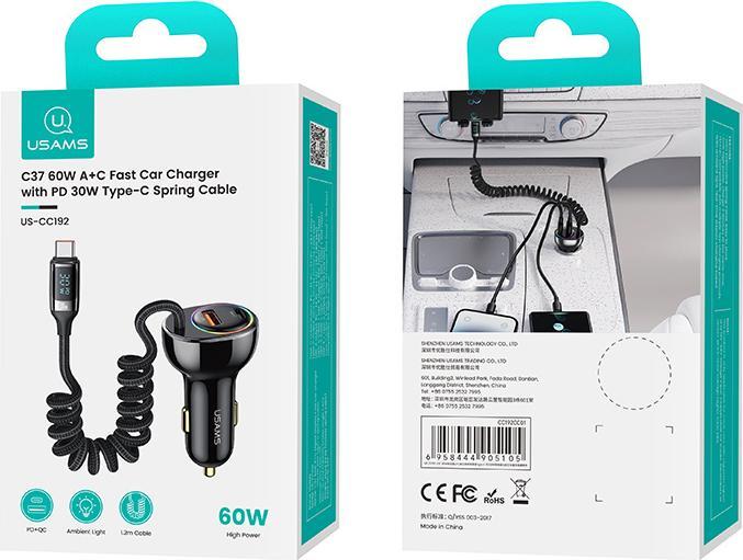 Produktbild Usams Ład. sam. C37 1xUSB+1xUSB-C 60W + kabel USB-C 30W PD+QC Fast Charge czarny/black CC192CC01 (US