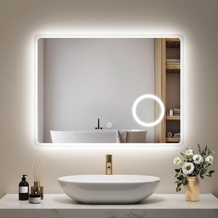 Produktbild Emke Badspiegel mit Beleuchtung 80*60cm, 3X Vergrösserung, Kaltweiss6500K, Dimmbar, Touch Schalter (80 x 60 cm)
