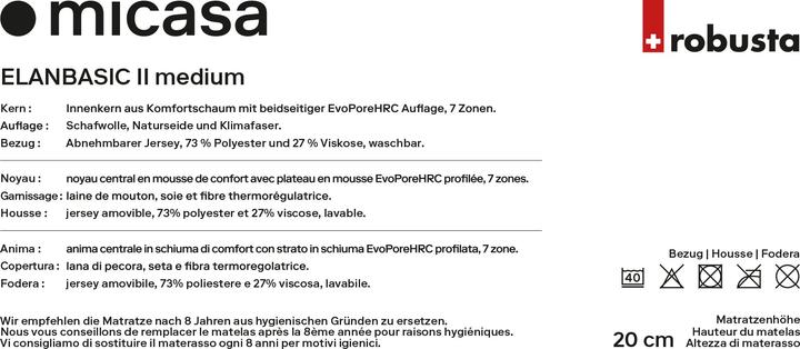 Nutritional values and ingredients Robusta Swiss Bedding Elanbasic II (90 x 200 cm, Foam core)