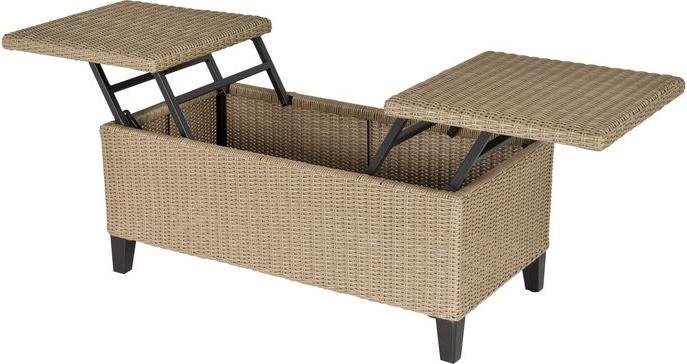 Produktbild Swisshandel24 Polyrattan Beistelltisch Garten Couchtisch Gartentisch Balkontisch ausziehbar Stahl Khaki 103 x 50 x
