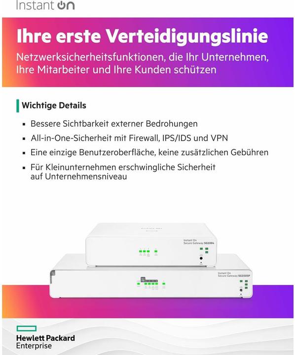 Produktbild HPE Networking Instant On Secure Gateway 5-port SmartRate 2.5G PoE+ 64W SG2505P EU en (5 Ports)