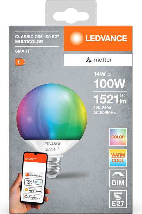 Actual product image Ledvance SMART+ MATTER GLOBE MULTICOLOR 14W 827...865 Multicolour E27 (E27, 14 W, 1521 lm, 1 x, F)