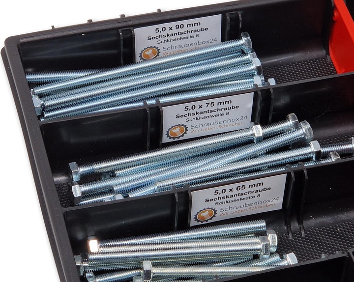 Actual product image Schraubenbox24 Hexagon bolts assortment M5 65mm-100mm 90 pcs screw box DIN 933/ISO4017 (90 Screws per piece)