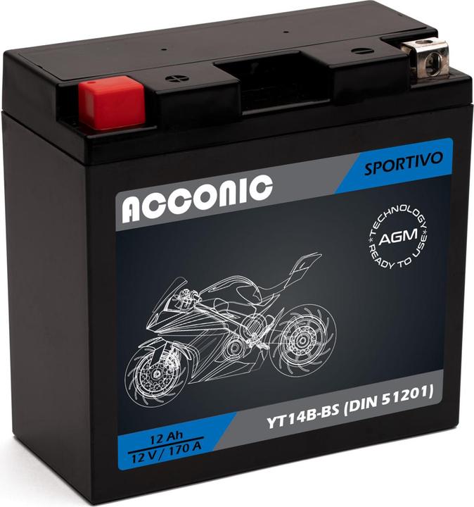 Actual product image Acconic Sportivo AGM YT14B-BS Motorradbatterie 12Ah 12V (DIN 51201) (12 V, 12 Ah)